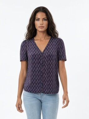 J. Crew Factory Small Short Sleeve V Neck Navy Paisley Print Blouse